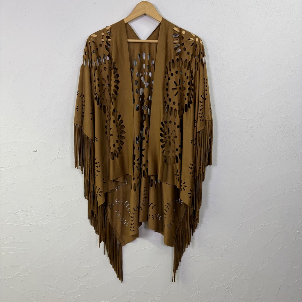 Poncho Women OS Brown Laser Cut Faux Suede Fringe Boho Western Festival Concert